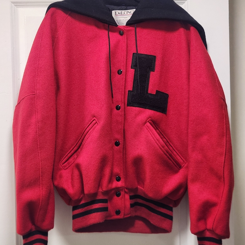 Vintage 1999 USA Made Red Wool Blend Letterman Jacket Convertible Hood